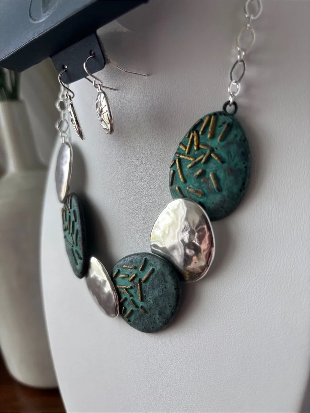 Joan Vass Teal Textured & Hammered Oval shaped pendant,& earrings artisanal